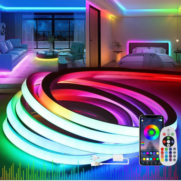 KSIBNW Neon LED Strip, 15m, RGB, flexible IP65 waterproof light strip with power supply and controller for indoor/outdoor.