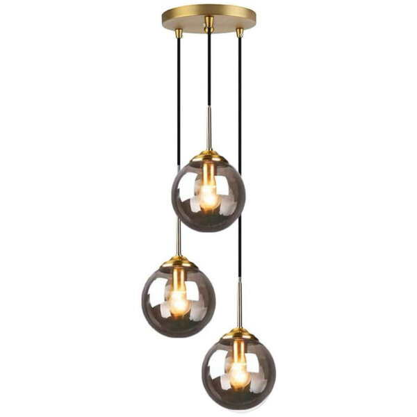 LFsem Retro Pendelleuchte, 3 Lichter, Glaskugel, Messingbeschläge, für Wohnzimmer, Esszimmer, Schlafzimmer, Küchenbar, grau.