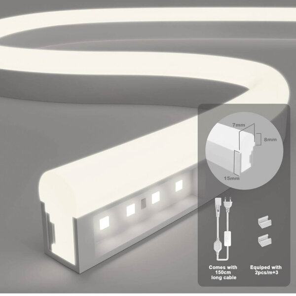 KSIBNW Neon LED strip 230V, 20m, IP65, neutral white 4000K, incl. power supply & controller, flexible, waterproof, ideal for indoor and outdoor decoration.