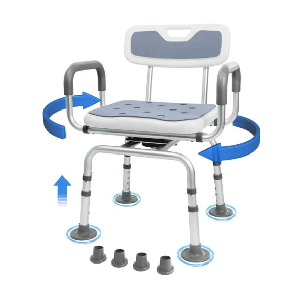 Duschstuhl Grau, Large – Drehbarer Duschhocker, höhenverstellbar, mit Armlehnen, ideal für Senioren, sicherer Badhocker.