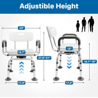 Duschstuhl Grau, Large – Drehbarer Duschhocker, höhenverstellbar, mit Armlehnen, ideal für Senioren, sicherer Badhocker.