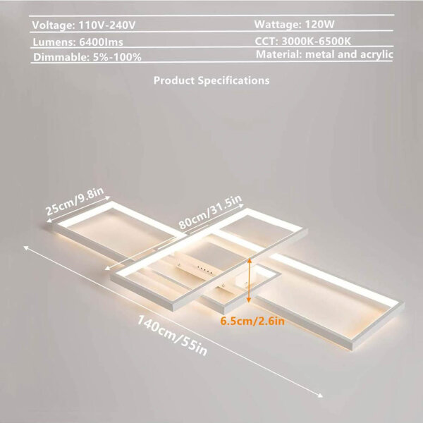 Diossad dimmable LED ceiling light, rectangular, 2700K-6500K, remote control, memory function, ideal for bedrooms and living rooms.