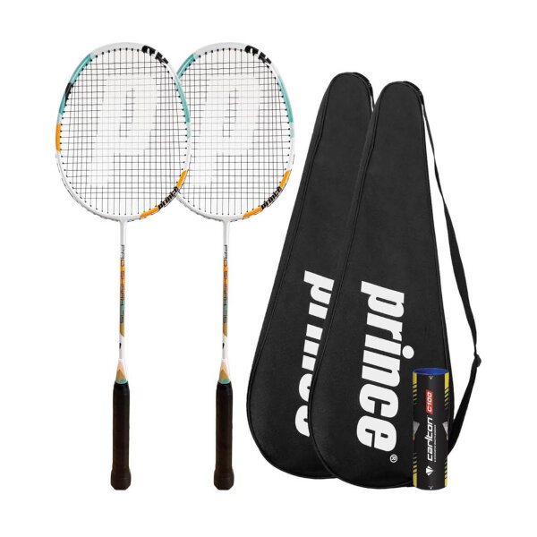 Prince Pro Shark badminton racket twin set, including shuttlecocks and protective carrying bags, ideal for recreational and competitive use.