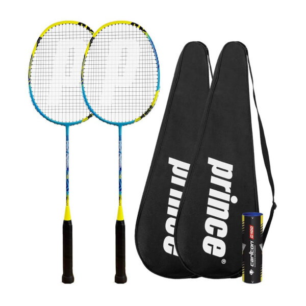 Prince Pro Rebel badminton racket twin set, graphite, including shuttlecocks and carrying bags, ideal for leisure and competition.