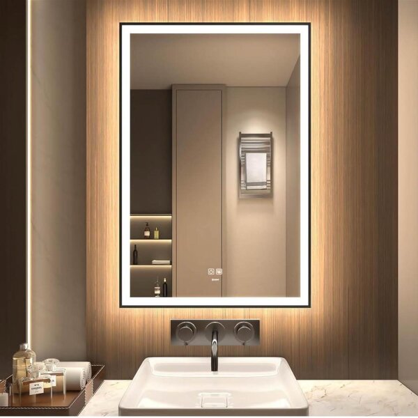GANPE LED bathroom mirror, 90 x 60 cm, wall-mounted, frameless, illuminated, anti-fog, IP44, vertical & horizontal.