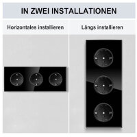 PANGTZEEN Schuko socket, 3-way, triple wall socket, tempered glass, 16A, black, for living room, bedroom, office.