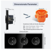 PANGTZEEN Schuko socket, 3-way, triple wall socket, tempered glass, 16A, black, for living room, bedroom, office.