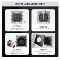 PANGTZEEN Schuko socket, 3-way, triple wall socket, tempered glass, 16A, black, for living room, bedroom, office.