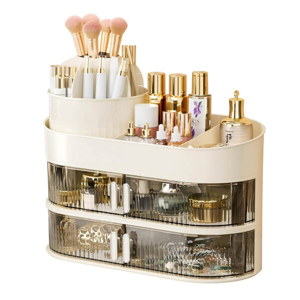 360° cosmetic organizer, 3 layers, rotatable, 2-in-1, for makeup and care, ideal for bathroom and bedroom.