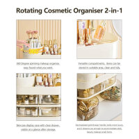 360° cosmetic organizer, 3 layers, rotatable, 2-in-1, for makeup and care, ideal for bathroom and bedroom.