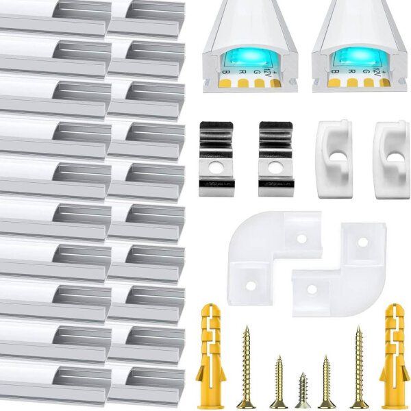 Chesbung LED aluminum profile 6x1m, U-shape, for LED strips up to 12mm, incl. diffuser, end caps, mounting clips, 90° corner connectors.