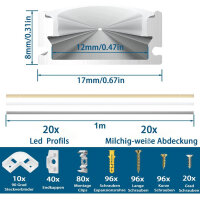Chesbung LED aluminum profile 6x1m, U-shape, for LED strips up to 12mm, incl. diffuser, end caps, mounting clips, 90° corner connectors.
