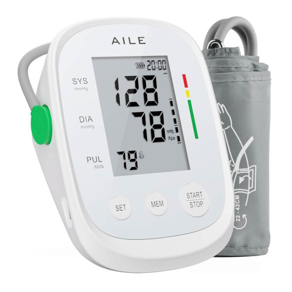 AILE upper arm blood pressure monitor, automatic device for home use, large adjustable cuff (22-42 cm).