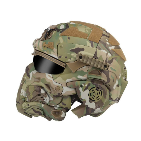 CP tactical helmet, fully equipped with mask, headphones, goggles and anti-fog fan for airsoft and paintball.