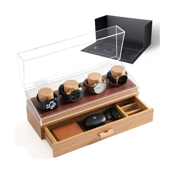 Holme & Hadfield Uhrenvitrine, Uhrenständer, Holz, Herren-Uhrenbox, Organizer mit Display und Schublade für Zubehör.