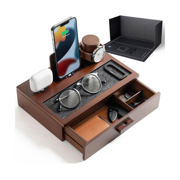 Nightstand organizer, wooden charging station, for men, with lined tray and drawer, ideal for charging phone and earbuds.