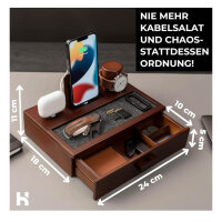 Nightstand organizer, wooden charging station, for men, with lined tray and drawer, ideal for charging phone and earbuds.