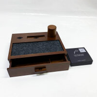 Nightstand organizer, wooden charging station, for men, with lined tray and drawer, ideal for charging phone and earbuds.