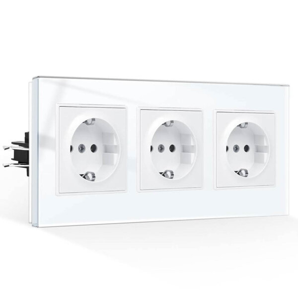 PANGTZEEN Schuko socket 3-way, triple wall socket 16A, glass frame, flush-mounted, white, ideal for living room, kitchen, office.