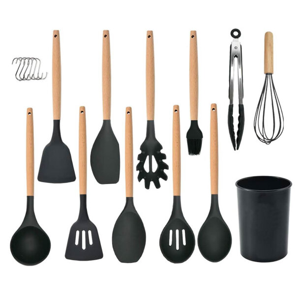 Küchenhelfer-Set, 12-teilig, Silikon, hitzebeständig, antihaftbeschichtet, Holzgriff, Schwarz, ideal für jede Küche.