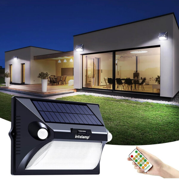 INTELAMP Solarlampe, 5 Modi, Außenbeleuchtung, IP65, mit Bewegungsmelder, Fernbedienung zur Helligkeits- und Farbanpassung.