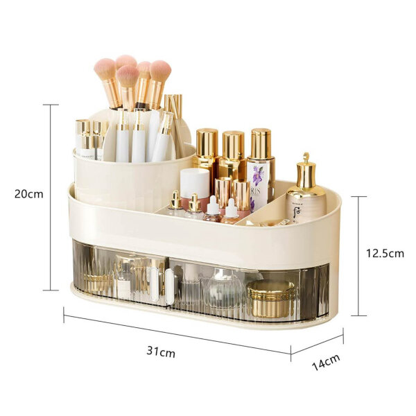 Rotating cosmetic organizer 2 layers, 360° design, 2-in-1 storage for makeup and skincare, ideal for bathroom and bedroom.