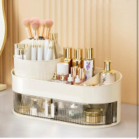 Rotating cosmetic organizer 2 layers, 360° design, 2-in-1 storage for makeup and skincare, ideal for bathroom and bedroom.