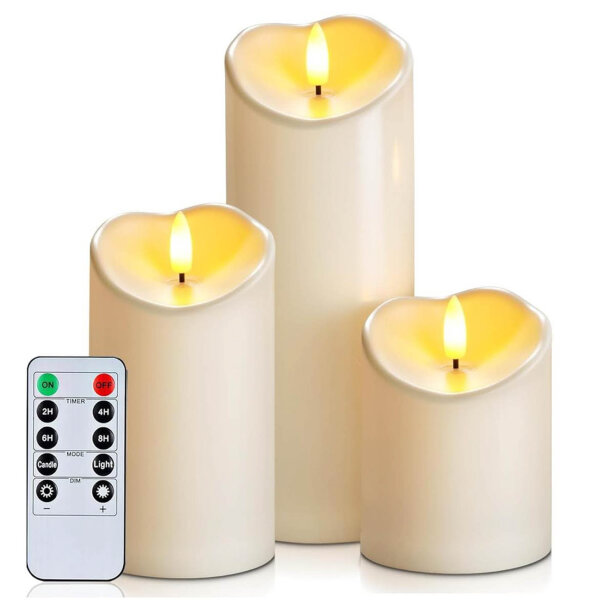 Homemory, LED-Kerzen, wasserdicht, flammenlos, mit Timer und Fernbedienung, 3er-Set für Hochzeiten und Deko.