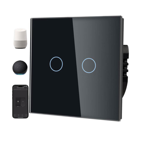 PANGTZEEN Smart WiFi Light Switch 2-Way, 2.4GHz, Alexa & Google Home, Tuya App, Voice Control, Tempered Glass, Flush-Mounted, Black
