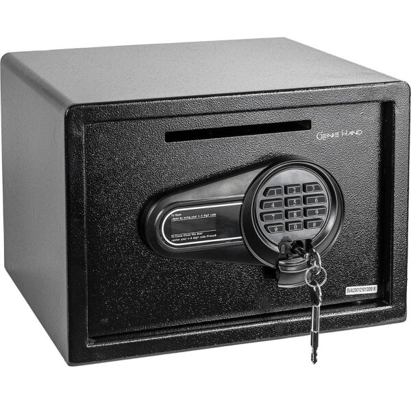 Genie Hand | Motorisierter Möbeltresor, Einwurfschlitz, Zahlenkombinationscode, B-Schloss, kompakt und sicher.
