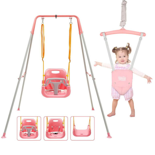 FUNLIO 2-in-1 swing set, baby door bouncer, foldable metal stand, 4 sandbags, for indoor and outdoor use, pink, easy to assemble.