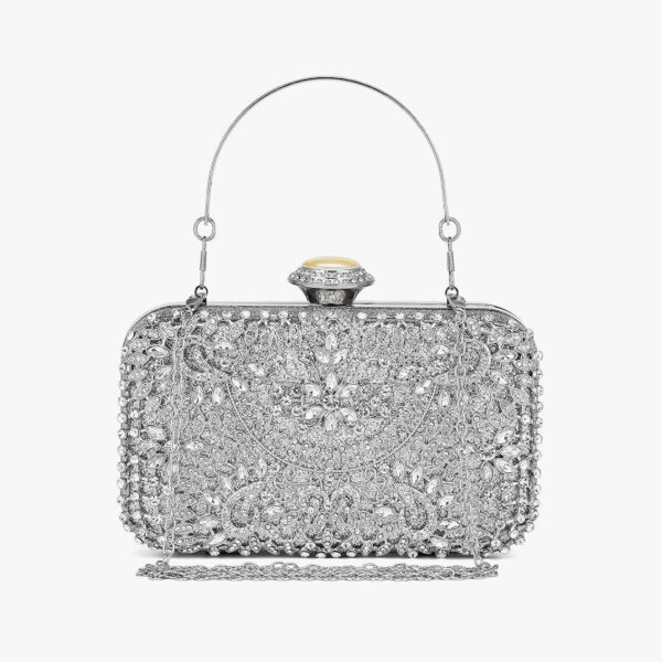 Miss Lulu, clutch, hard shell, beading, womens evening handbag, detachable chain, silver, elegant, stylish.