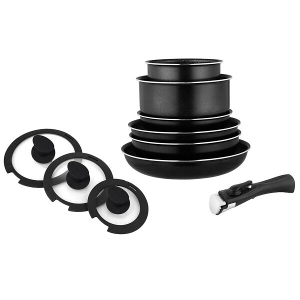 Arthur Martin AM310SC, 10-piece aluminum cookware set with removable handle, black, lightweight, durable, ideal for all stovetops.