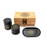 MYSTE ZODIAC Stash Box, large, smell-proof, combo kit with grinder 63mm and rolling tray, lockable.
