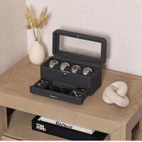 ROTHWELL Watch Box, 4 Slots, Jewelry Organizer, with Drawer, Lockable, Real Glass Top, for Men and Women, Carbon.