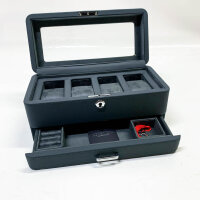 ROTHWELL Watch Box, 4 Slots, Jewelry Organizer, with Drawer, Lockable, Real Glass Top, for Men and Women, Carbon.