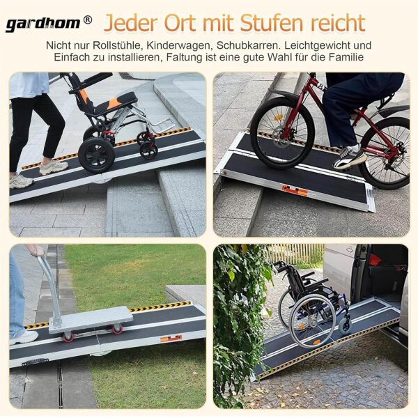 Gardhom folding ramp 183 cm, wheelchair ramp, lightweight, foldable, non-slip, ideal for indoor and outdoor use.