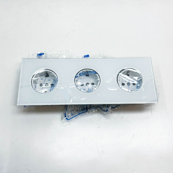 PANGTZEEN Schuko Steckdose 3 Fach, Vollspiegel, gehärtetes Glas, 224mm, 16A, Unterputz, weiß, ideal für Wohn- und Arbeitsräume.