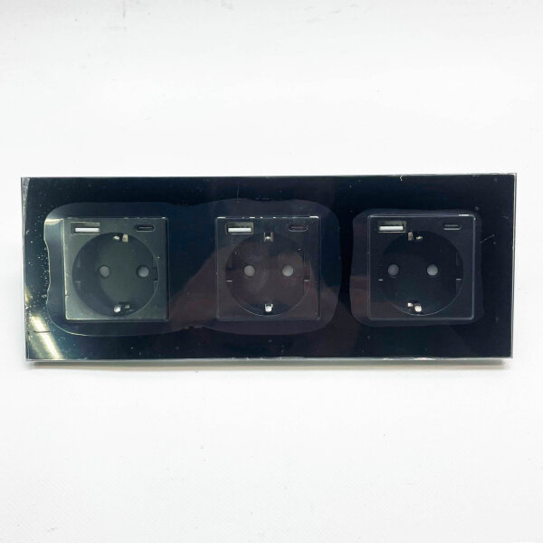 PANGTZEEN Schuko socket 3-way, USB A + Type C, tempered glass, 16A, flush-mounted, black, ideal for bedroom and office.