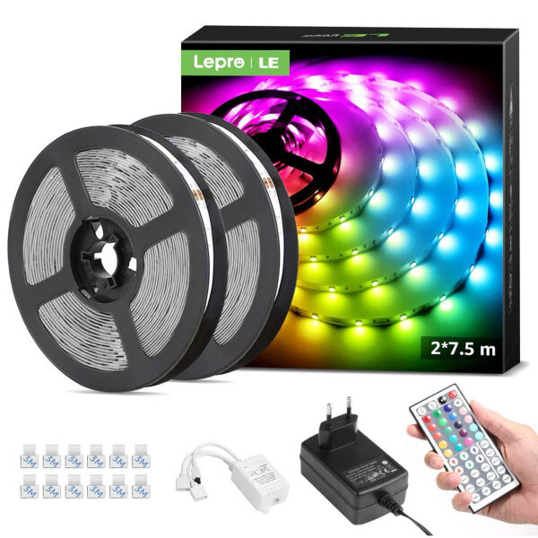 RGB LED Strip 5050, 15m, Dekorationsstreifen, 8 Modi, 20 Farben, dimmbar, inkl. Dimmer & 44-Tasten-Fernbedienung, 2x7,5m.
