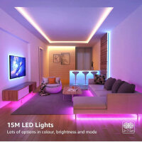 RGB LED Strip 5050, 15m, Dekorationsstreifen, 8 Modi, 20 Farben, dimmbar, inkl. Dimmer & 44-Tasten-Fernbedienung, 2x7,5m.