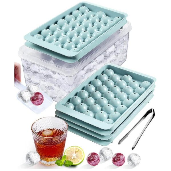 Litimkat, Round ice cube tray, ice cube tray for freezer, 3 blue trays, container with lid, ideal for beer, coffee, juice.