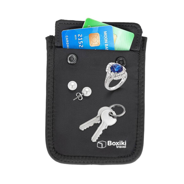 Boxiki Reggio Emilia wallet, hidden holder, travel accessory, elastic strap, protects credit cards & cash, black.