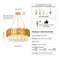 AOOCHOK, Rund Kristall Hängeleuchte, Pendelleuchte, 12xE14, 75cm Durchmesser, modern, gold, ideal für Wohnzimmer, Esszimmer, Restaurant.