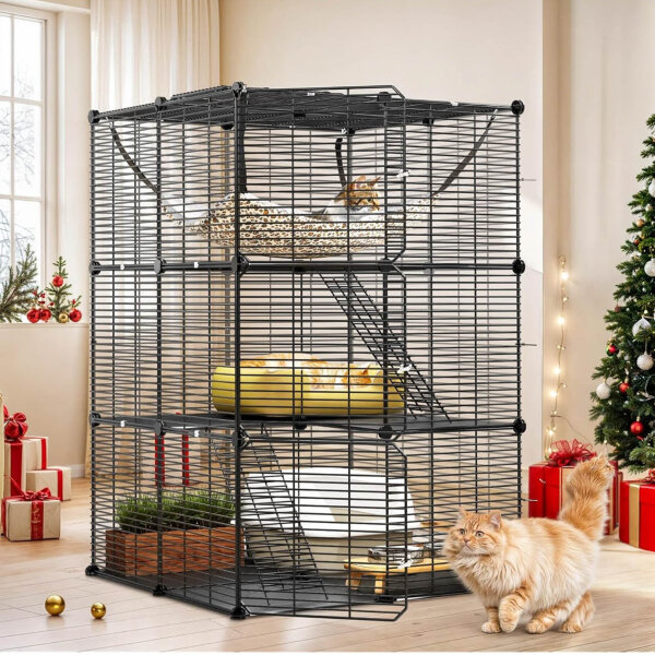 YITAHOME Katzenkäfig 3-stöckig, Outdoor Katzengehege, stabiler Metalldraht, große Hängematte, für 1-2 Katzen oder Chinchillas, schwarz.