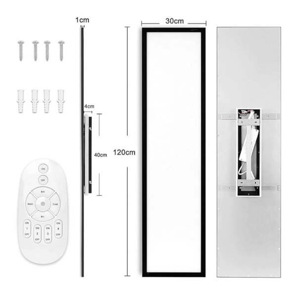 LED panel 120x30cm, 55W ceiling light, dimmable, remote control, 2700K-6500K, memory function, ideal for office, workshop, kitchen.