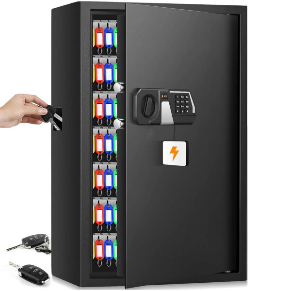 Mejasg key box, 144 keys, key safe, fireproof, number code, side key slot, adjustable key rail, outside.