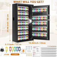Mejasg key box, 144 keys, key safe, fireproof, number code, side key slot, adjustable key rail, outside.