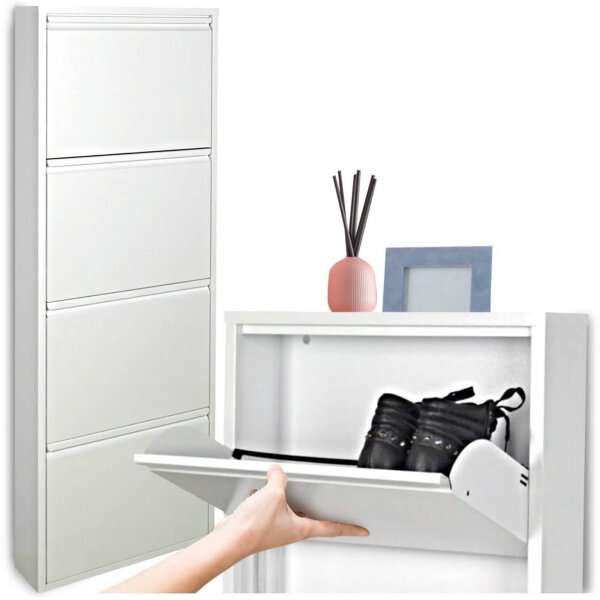 Schuhschrank Slim 4 Türen, Helles Grau, keine Montage, TV-Ansicht, Platz für 8-12 Paar, Metall für Innen/Außen.