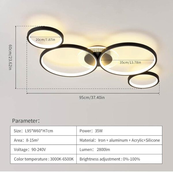 Modern LED ceiling light, dimmable, 5 rings, remote control, acrylic ring, ideal for living room and bedroom (black).